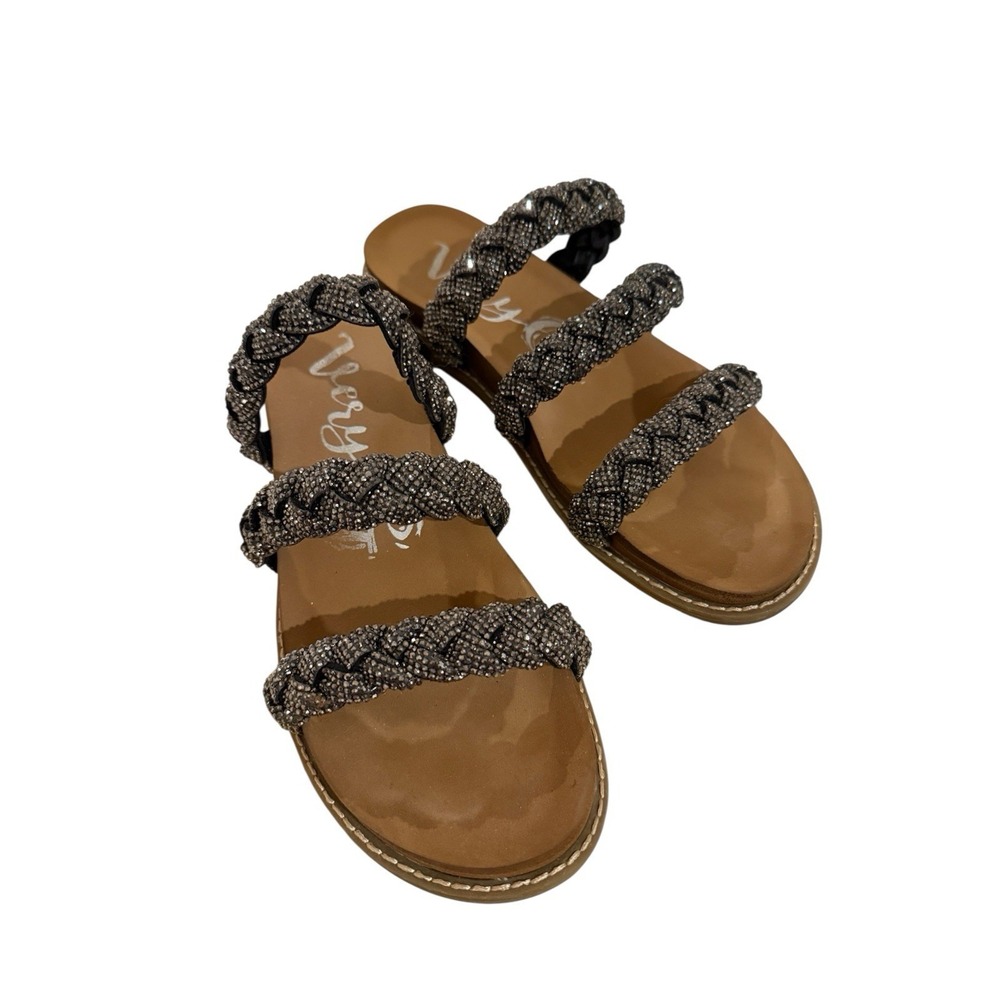 Very G Stacia Women's Sandal Size 9 Silver On Black  3 Strap Braided Rhinestone